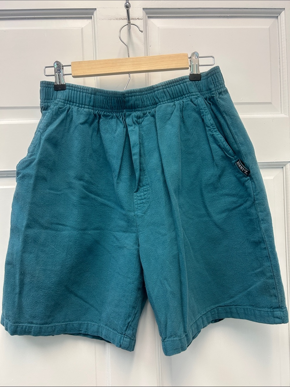 Vintage Jimmy’z Board Shorts Teal 100% Cotton Stretch Waist size L USA (RARE)